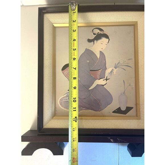 VTG Japanese Wall Decor Art Print Kimono Ikebana Flowers Framed Geisha Sign Seal - Picture 4 of 13